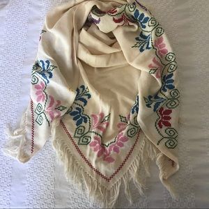 Cream Hand Embroidered Triangle Scarf/Shawl